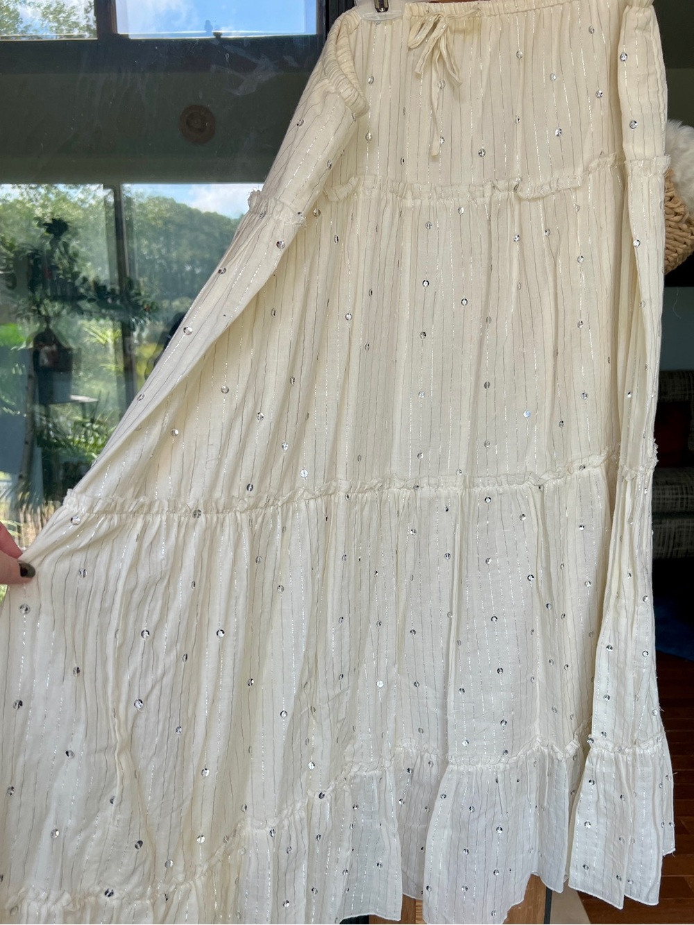 Cream Tiered Sequin Maxi Skirt